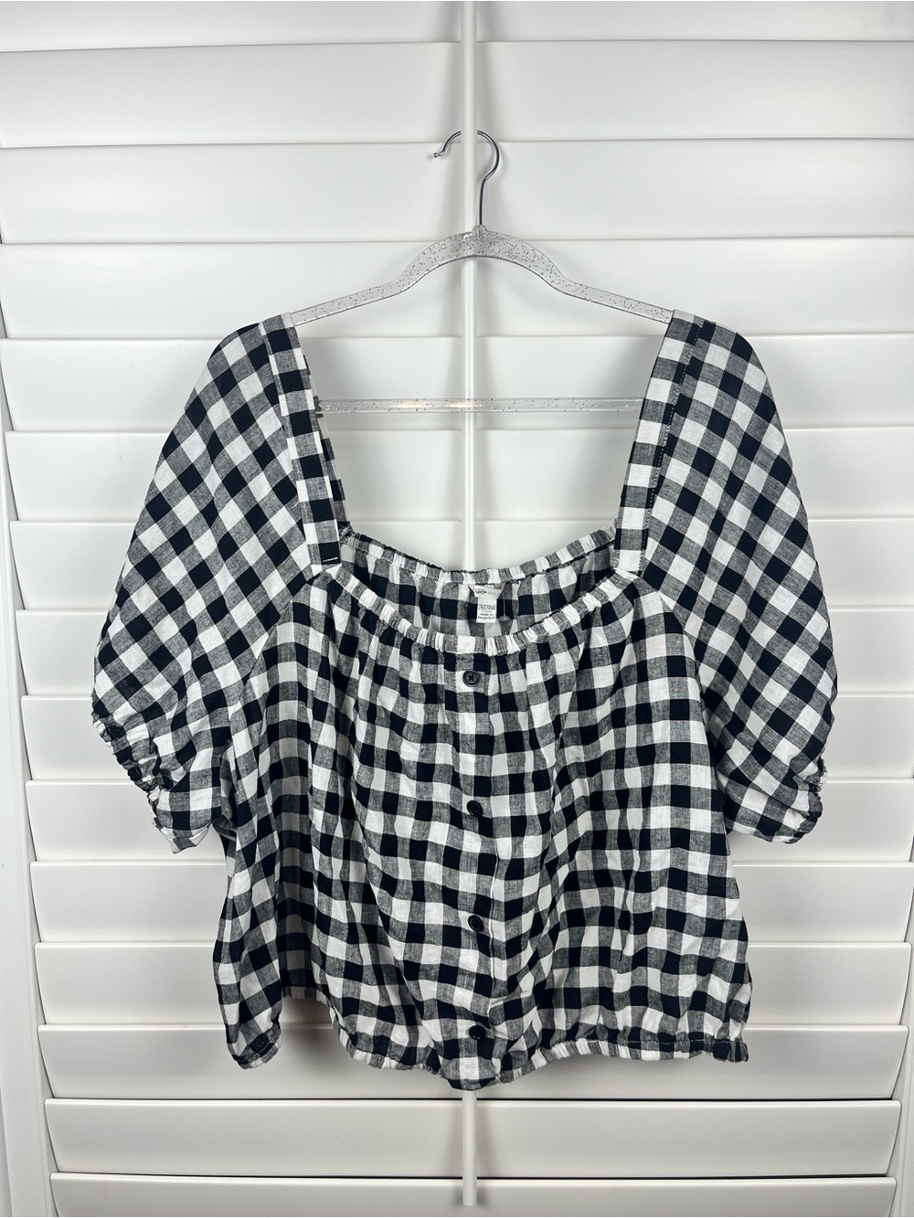Cato Black White Gingham Linen Blend Puff Sleeve Blouse Plus Size 26/28W